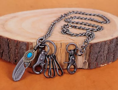 £8.39 • Buy 30  Turquoise Feather Pendant Basic Biker Trucker Key Jean Wallet Chain Silver