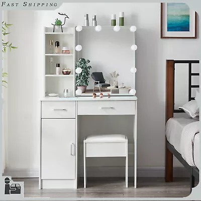 White Dressing Table Makeup Desk W/Led Lighted Mirror Vanity Makep Desk Cabinet • £131.92