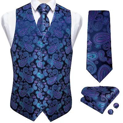 Mens Paisley Vest Silk Tie Hanky Cufflinks Sleeveless Waistcoats Set Pink Blue • $16.32