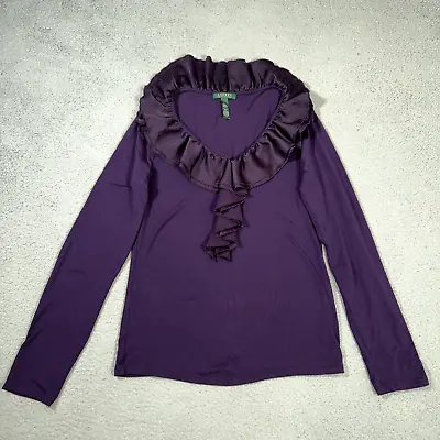 Lauren Ralph Lauren Top Womens Large Purple Ruffle Satin Trim Neckline Blouse • $22.09