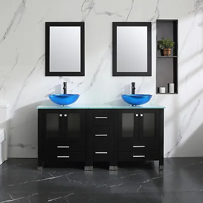 60inch Bathroom Vanity Cabinet Tempered Glass Vessel Sink Faucet Drain Set Black • $959.99