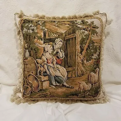  Vintage Tapestry Pillow Cover Women Animals Dog Cat Gold Green Custom Made • $270