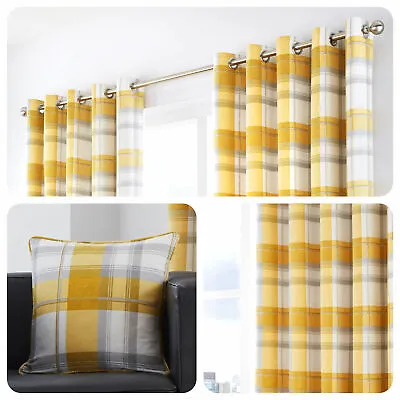 100% Cotton Country Balmoral Check Ochre Lined Eyelet Curtains OR Cushions • £23.99