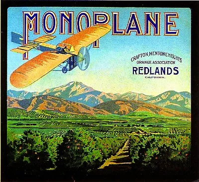 Redlands Monoplane Airplane Orange Citrus Fruit Crate Label Vintage Art Print • $11.19