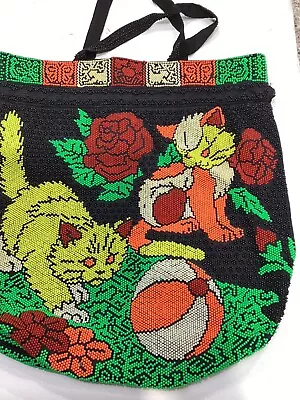 Vintage Beaded Kitten Cat Drawstring Purse MCM • $32.95