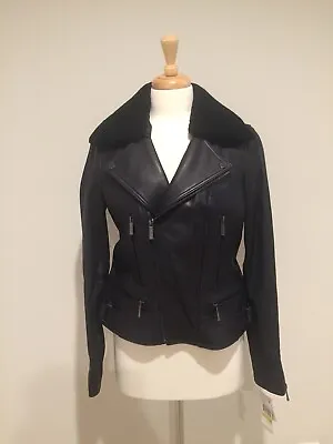 Michael Kors Womens Shearling And Leather Moto Jacket Sz M Color Navy NWT • $350