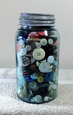 Vintage Quart Blue Canning Jar Porcelain/Alum Lid Full Of Buttons • $8