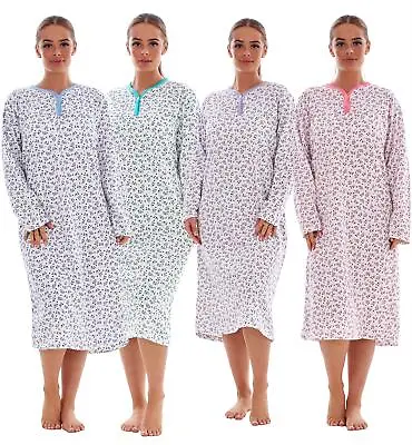 Women Fleece Nightdress Long Sleeve V Neck Floral Print Warm Thermal Nightwear • £13.95