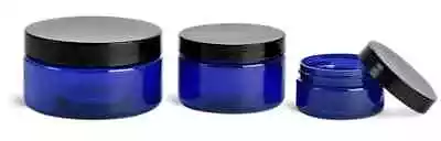 2 Oz Blue PET Plastic Heavy Wall Jars With Black Lids • $10