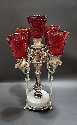 Vintage Metal & Marble Base Candelabra W/ 5 Cadmium Red Glass Floral Peg Votives • $64.97