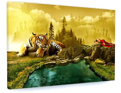Antasy Tiger And Woman Landscape Canvas Picture Print  • £27.44