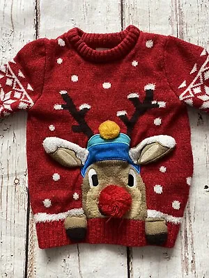F&F Baby Boy Red Reindeer Christmas Jumper 18-24 Months 1.5-2 Years • £1.49