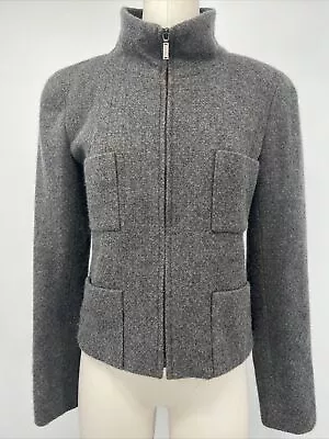 CHANEL Vtg 1990s 1980s Charcoal Gray  Boucle Wool Front Zip Blazer Jacket Sz 38 • £532.29