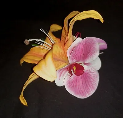 Handmade Tropical Orange Lily & Pink Orchid Hair Fascinator / Accessory / Clip • £20