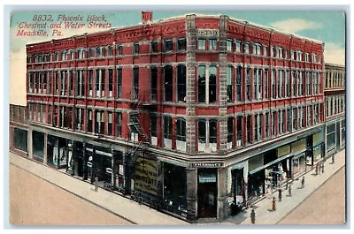 1913 Phoenix Block Chestnut And Water Streets Meadville Pennsylvania PA Postcard • $14.98