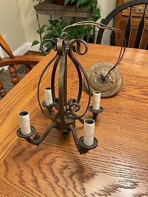 VTG Wrought Iron 4 Light Electric Chandelier  With Greek Keyhole Ceiling Plate • $125