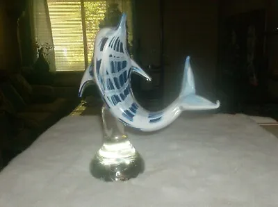 Murano Art Glass Blown Blue White Fish  Dolphin Paperweight Size-11 1/2' Tall • $99