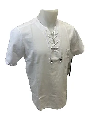 Mens Envy Lace Up Tunic Shirt WHITE Beach Top COTTON POCKET S M L XL 2XL 3XL NWT • $29.99