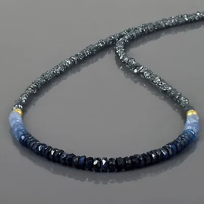 $62 • Buy Natural Rough Black Diamond And Blue Sapphire Beads Nuggets 925 Silver Necklace 