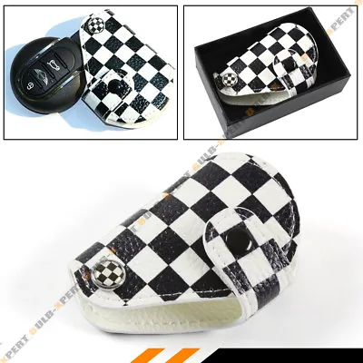 For 08-18 Mini Cooper Blk White Checkered Flag Logo Leather Key Fob Holder Pouch • $9.99