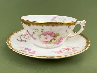 VTG T&V Limoges Pink Azalea Floral Flat Tea Cup & Saucer Set Brush Gold Trim • $39.99