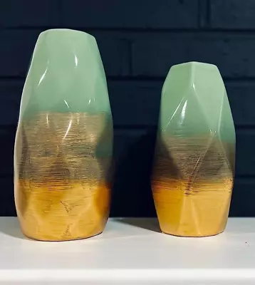 TERESA'S COLLECTIONS Green Vase Set Gold Green Modern Ceramic Set Of 2 • $20