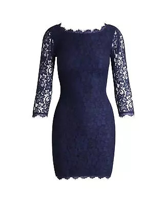 Pre Loved Diane Von Furstenberg Elegant Navy Blue Lace Dress With Long Sleeves • $668.80