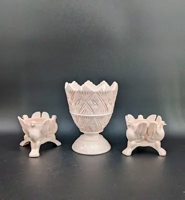 Vintage Pink Milk Glass Vase With Matching Pink Milk Glass Candleholders • $45