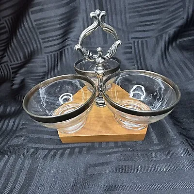 Vintage MCM Silver Rimmed Glass Cups And Wood Bar Condiment Caddy Server Tray • $13.50