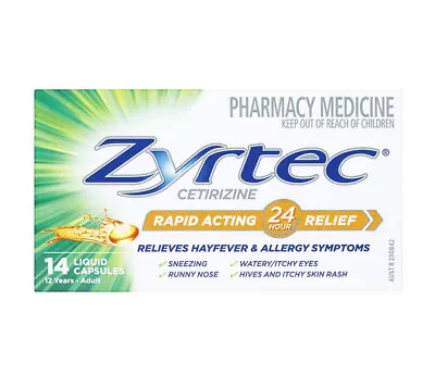 Zyrtec Rapid Acting Allergy & Hayfever 24 Hours Relief 14 Liquid Capsules • $33.95