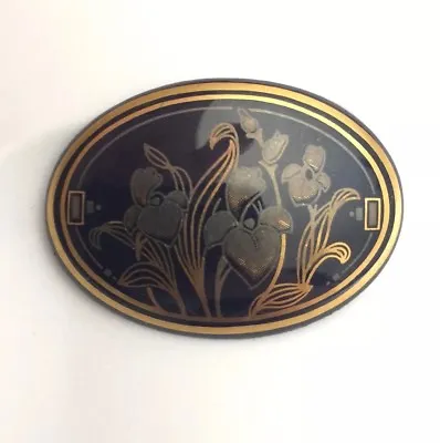 Vintage Signed MICHAELA FREY Art Nouveau Gold Lily Flower Black Pin Brooch 1.25” • $29.88