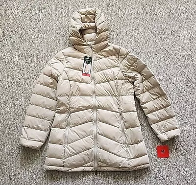 NWT New Eddie Bauer Women's Chevron Hooded Down Puffer Jacket Mid Length Medium  • $29.95