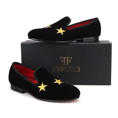Handmade FERUCCI Men Black Velvet Slippers Loafers With  Embroidered Gold Stars • $112.49