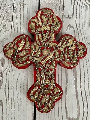 Vintage Mexican Milagros Cross Handmade Wood Brass Metal Charms Red 8.75  • $39.99