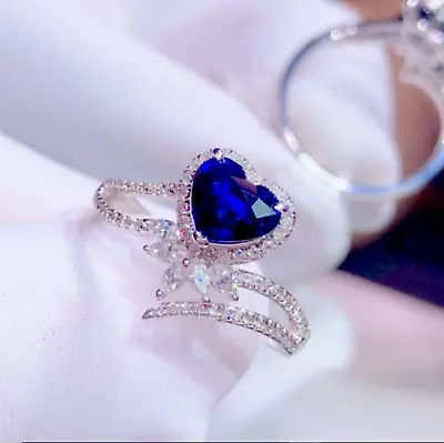 2CtHeart Lab Created Sapphire & Moissanite Engagement Ring 14K White Gold Plated • $184.82
