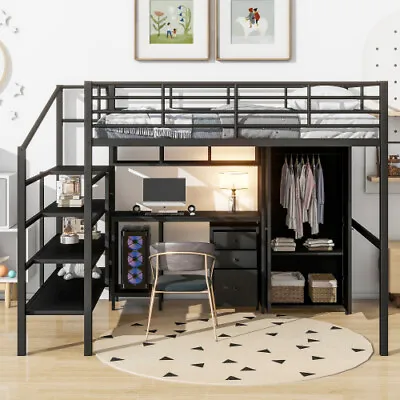 Metal Loft Bed With Desk Wardrobe & Storage Cabinet Shelves Full Size Bed Frames • $789.99