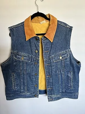 Vtg Denim Jean Vest Jacket Lined Leather Collared Yellow Mens XL • $29