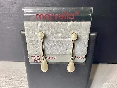 Marvella Gold Plated Faux Pearl Teardrop Dangle Pierced Earrings Jewelry • $9.44