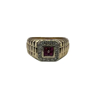 9ct 9K Yellow Gold Created Red Ruby + Diamonds Mens Signet Ring Size U. New • $1400