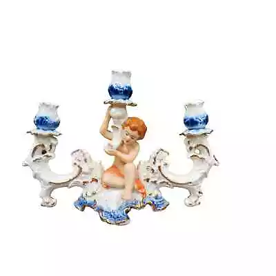 Regal Crown Candlestick Candle Holder Candelabra Porcelain Cherub Romania Vintag • $34.99