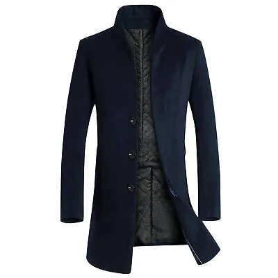 Mens Warm Woolen Trench Coat Double Breasted Overcoat Long Jacket Outwear Winter • $34.39