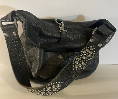 Tylie Malibu Once Bitten Black Leather Rhinestone Studded Hobo Style Bag • $59