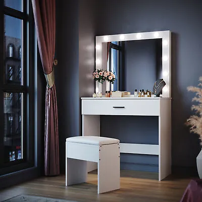 White LED Dressing Mirror Makeup Table Bedroom Vanity Unit Set With Stool Drawer • £84.99