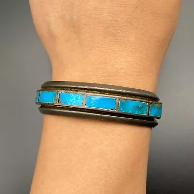 Vintage Navajo Turquoise Inlay Stamped Silver Bracelet Cuff 6-1/2  • $685