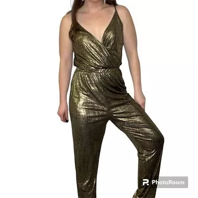 Bishop & Young Metallic Jumpsuit Gold V-Neck Size Small NEW Cocktail Party • $30