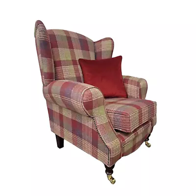 Wing Back  Accent Chair Katrine Carmine Tartan With Ruby Cushion - Dark Legs • £499