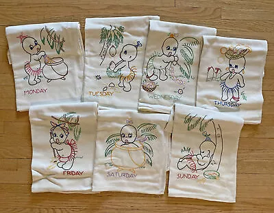 Vtg Embroidered Flour Sack Day Of Week Dish Towels Island Baby Palm Trees DOW 7 • $55