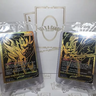 Pokemon Zacian V SWSH076 & Zamazenta V SWSH077 Gold Ultra Premium Promo SEALED • $59.12