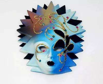 Vintage Wall Mask Ceramic Venetian Blue Gems Glitter Italy Made Sun Goddess 7.5  • $119.79