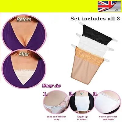 3 Pack Cami Secret Clip On Mock Camisole Modesty Parody Panel White Black Beige  • £3.99
